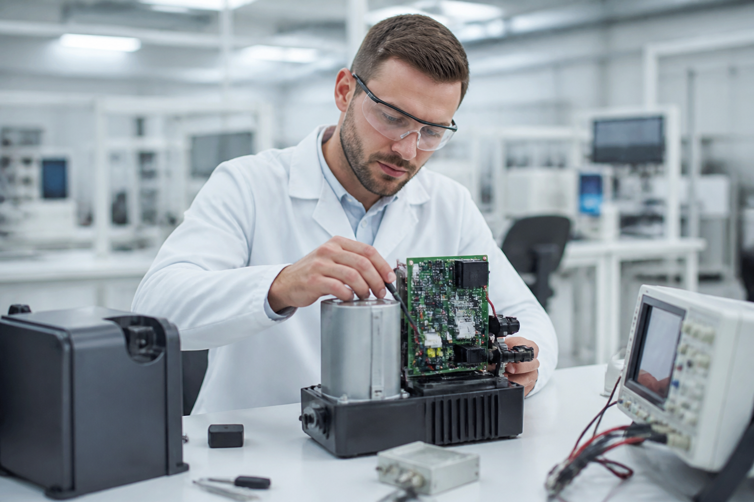 Quality control engineer testing an electric gate motor