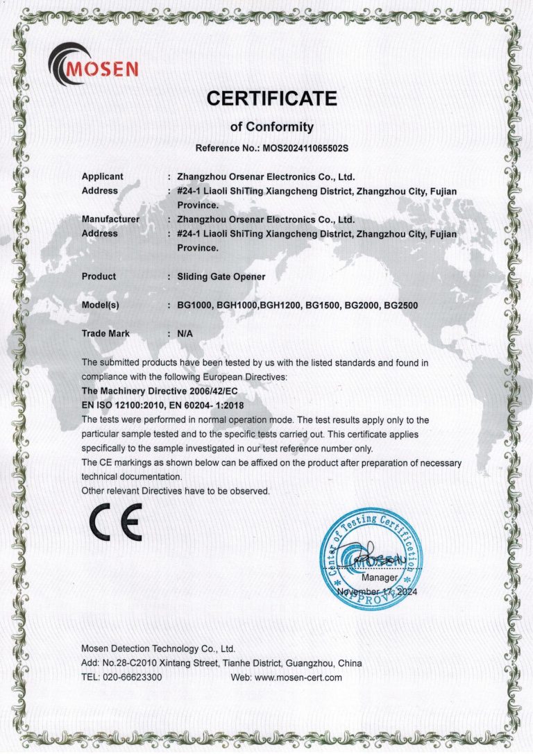 CE Machinery Directive certificate for the BG1000 to BG2500 sliding gate openers