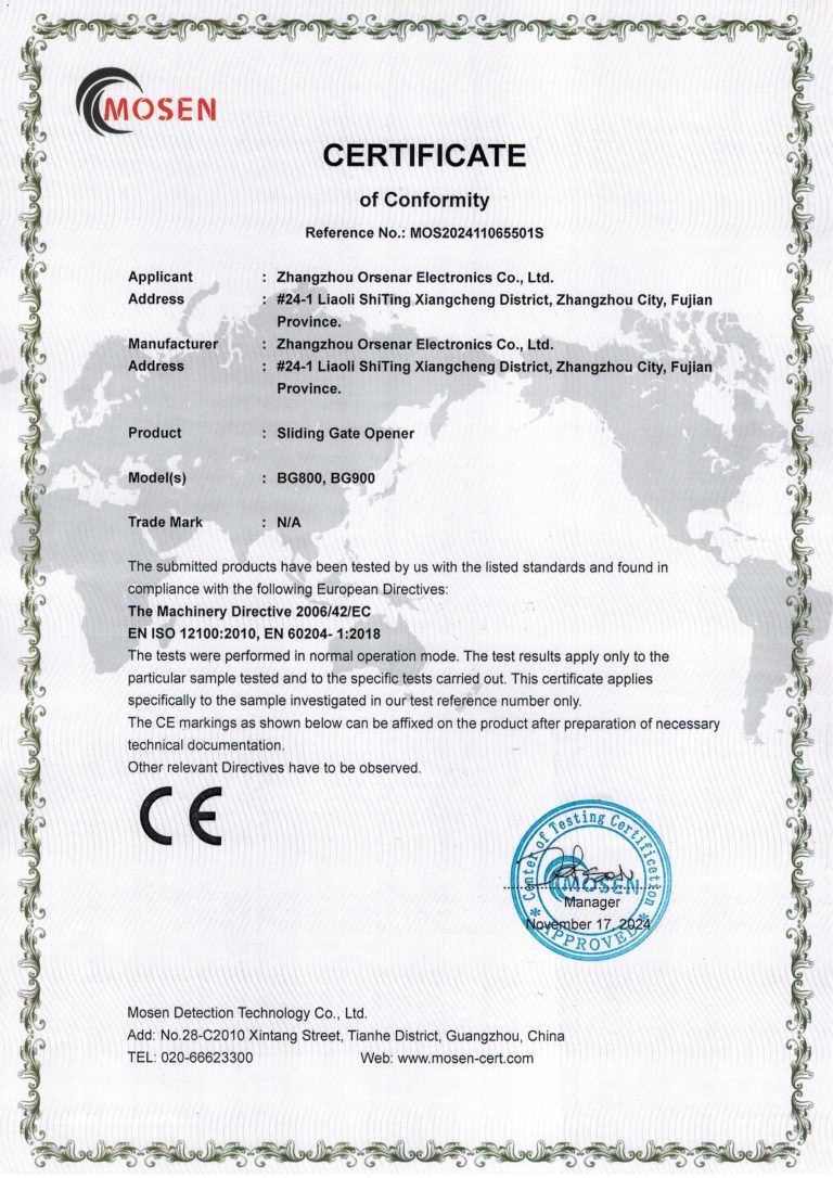 CE Machinery Directive certificate for the BG800 and BG900 sliding gate openers