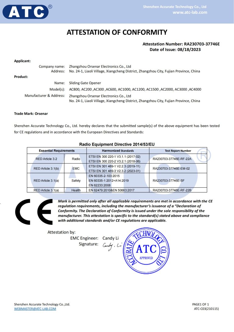 CE RED attestation of conformity for the AC series sliding gate openers