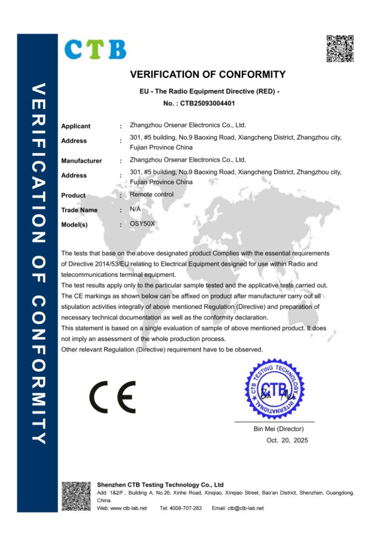 CE RED verification of conformity for the OSY50X remote control